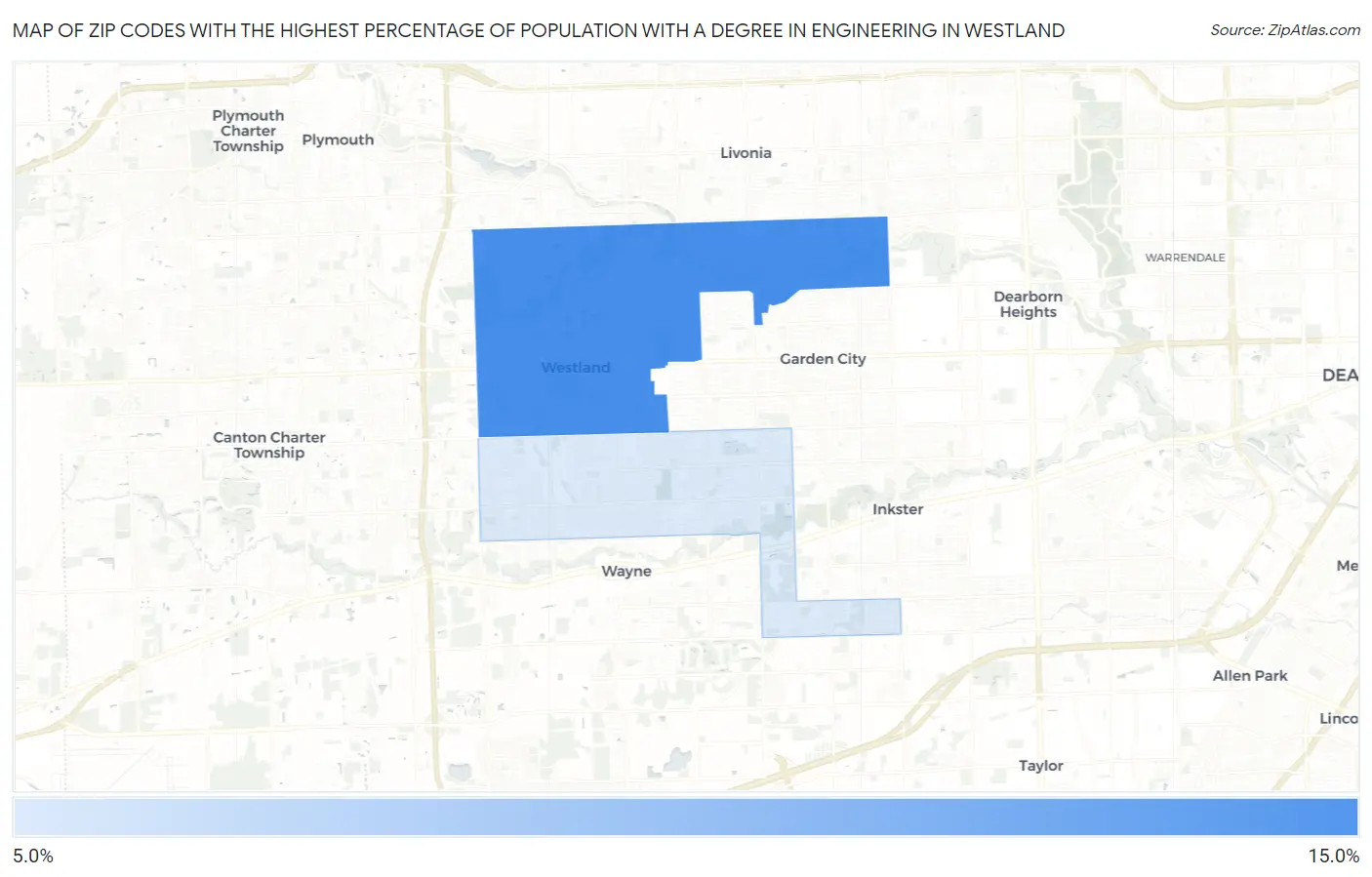 Zip Codes with the Highest Percentage of Population with a Degree in Engineering in Westland Map