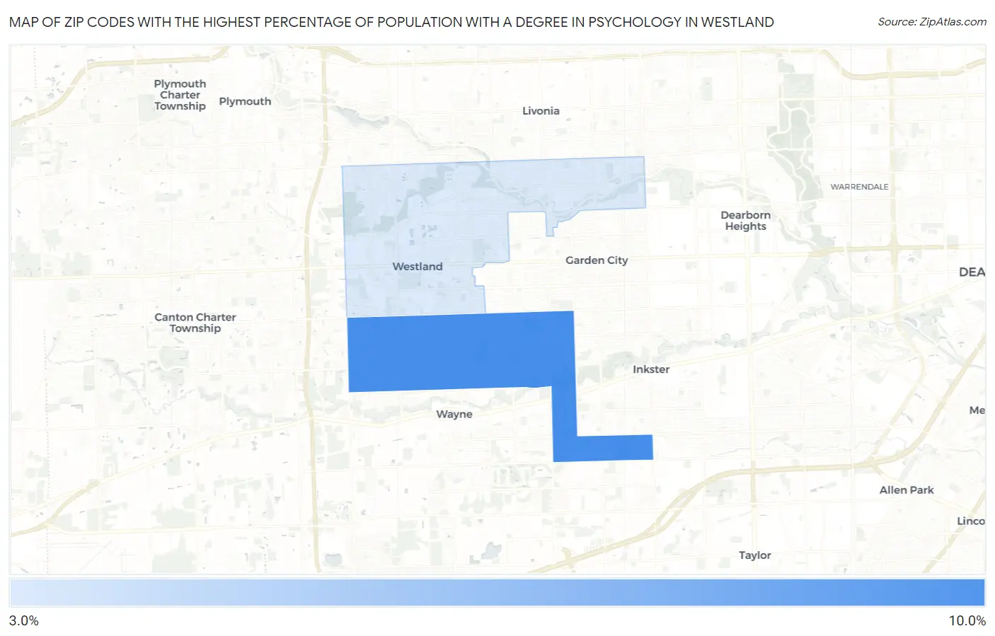 Zip Codes with the Highest Percentage of Population with a Degree in Psychology in Westland Map