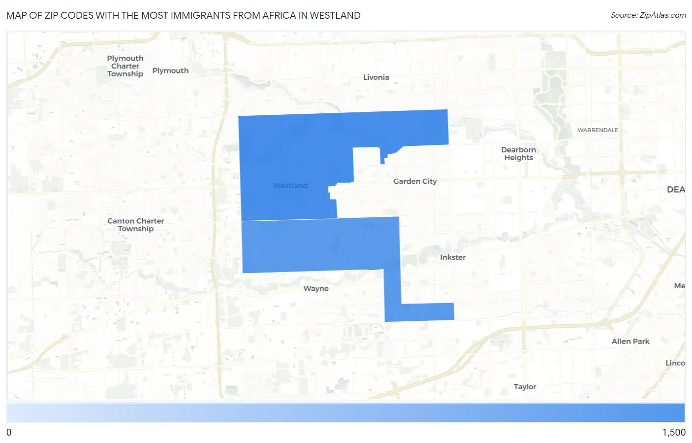 Zip Codes with the Most Immigrants from Africa in Westland Map