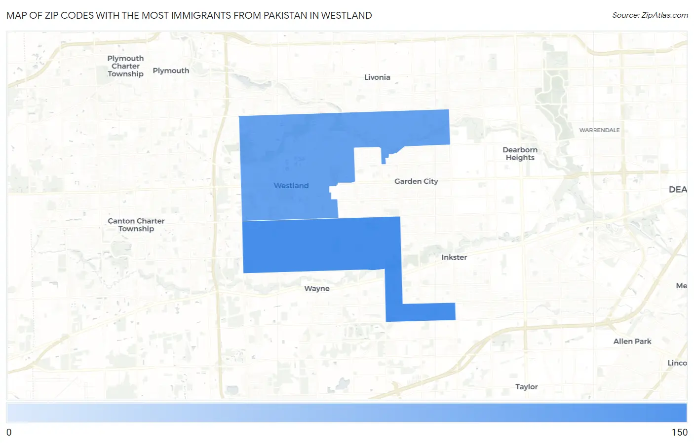 Zip Codes with the Most Immigrants from Pakistan in Westland Map