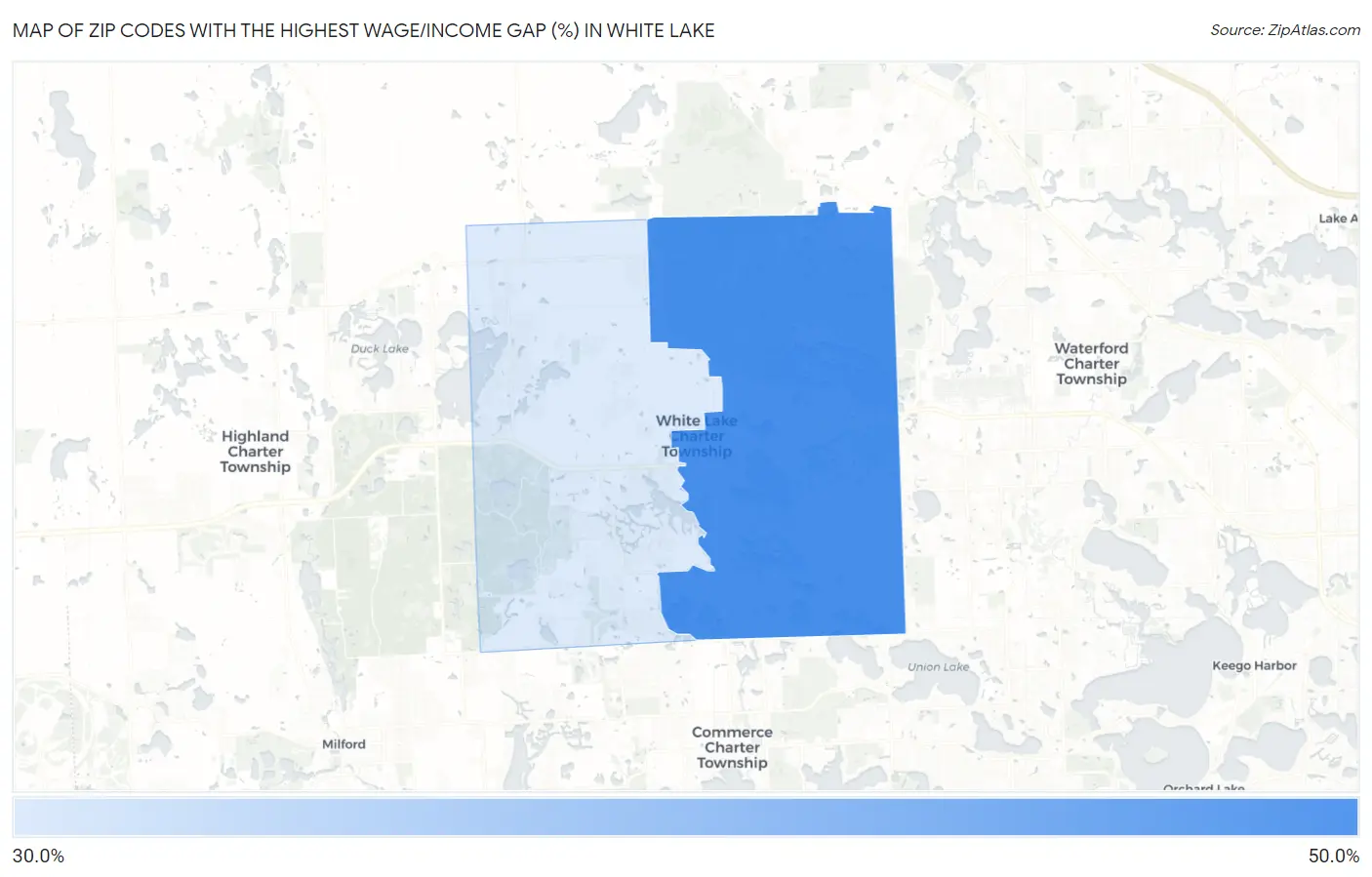 Zip Codes with the Highest Wage/Income Gap (%) in White Lake Map