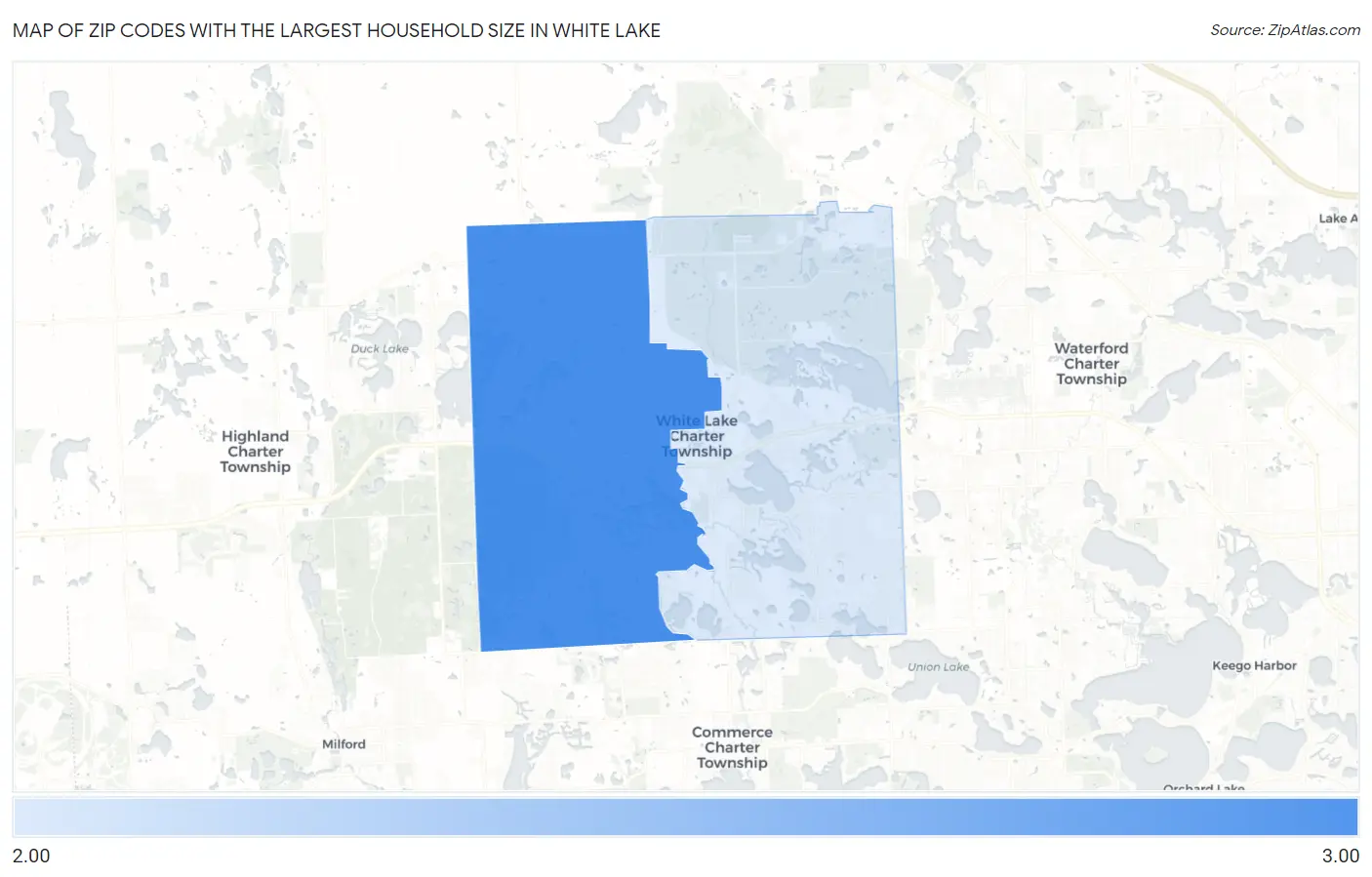 Zip Codes with the Largest Household Size in White Lake Map