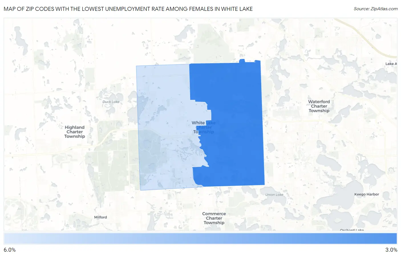 Zip Codes with the Lowest Unemployment Rate Among Females in White Lake Map