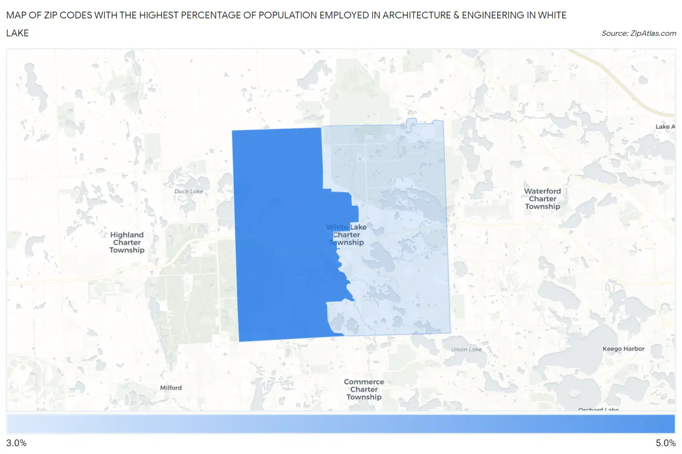 Zip Codes with the Highest Percentage of Population Employed in Architecture & Engineering in White Lake Map