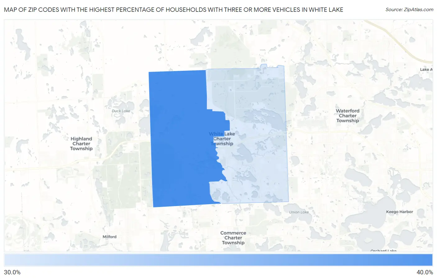 Zip Codes with the Highest Percentage of Households With Three or more Vehicles in White Lake Map