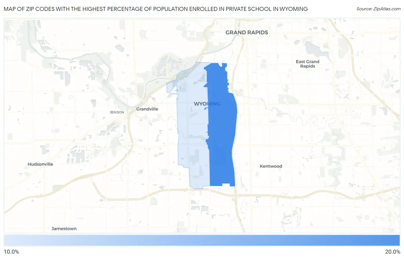 Zip Codes with the Highest Percentage of Population Enrolled in Private School in Wyoming Map