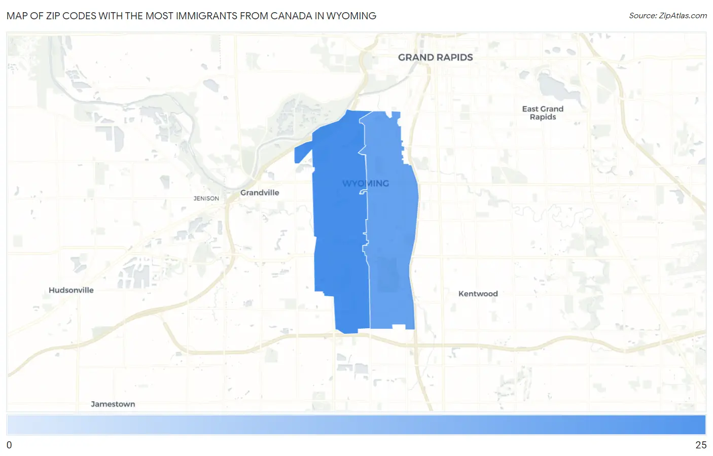 Zip Codes with the Most Immigrants from Canada in Wyoming Map
