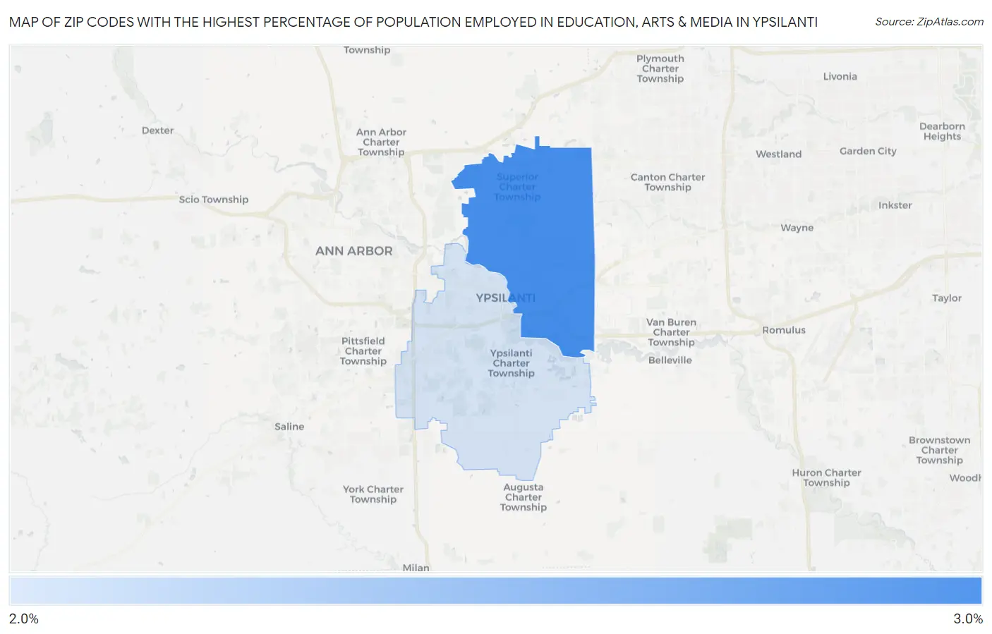Zip Codes with the Highest Percentage of Population Employed in Education, Arts & Media in Ypsilanti Map