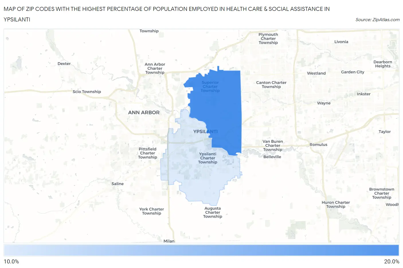 Zip Codes with the Highest Percentage of Population Employed in Health Care & Social Assistance in Ypsilanti Map