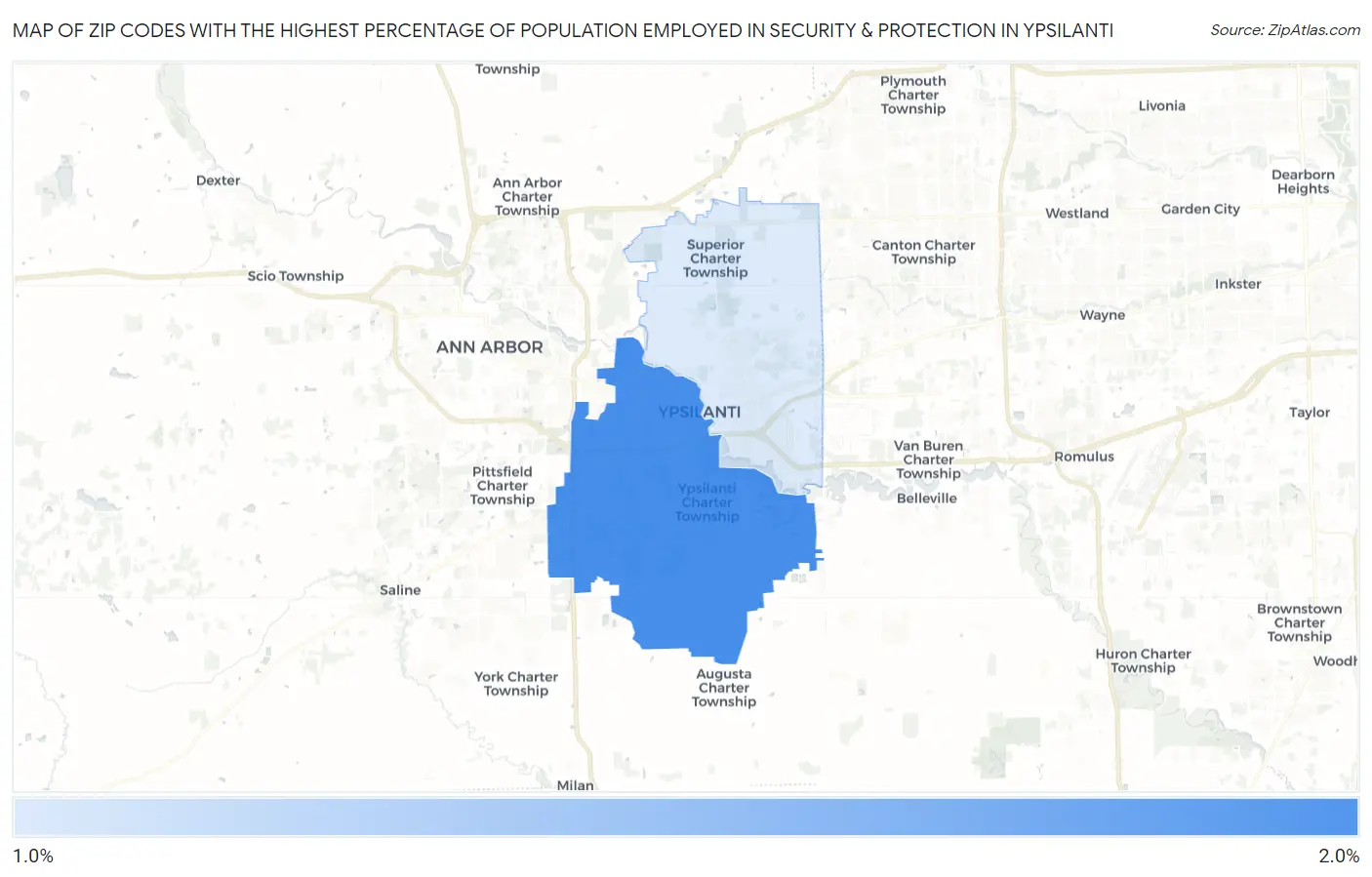 Zip Codes with the Highest Percentage of Population Employed in Security & Protection in Ypsilanti Map