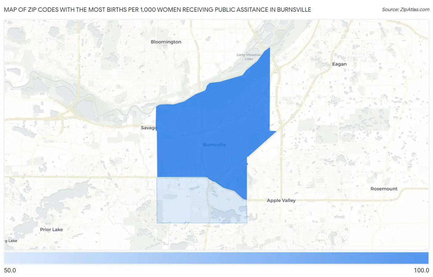 Zip Codes with the Most Births per 1,000 Women Receiving Public Assitance in Burnsville Map