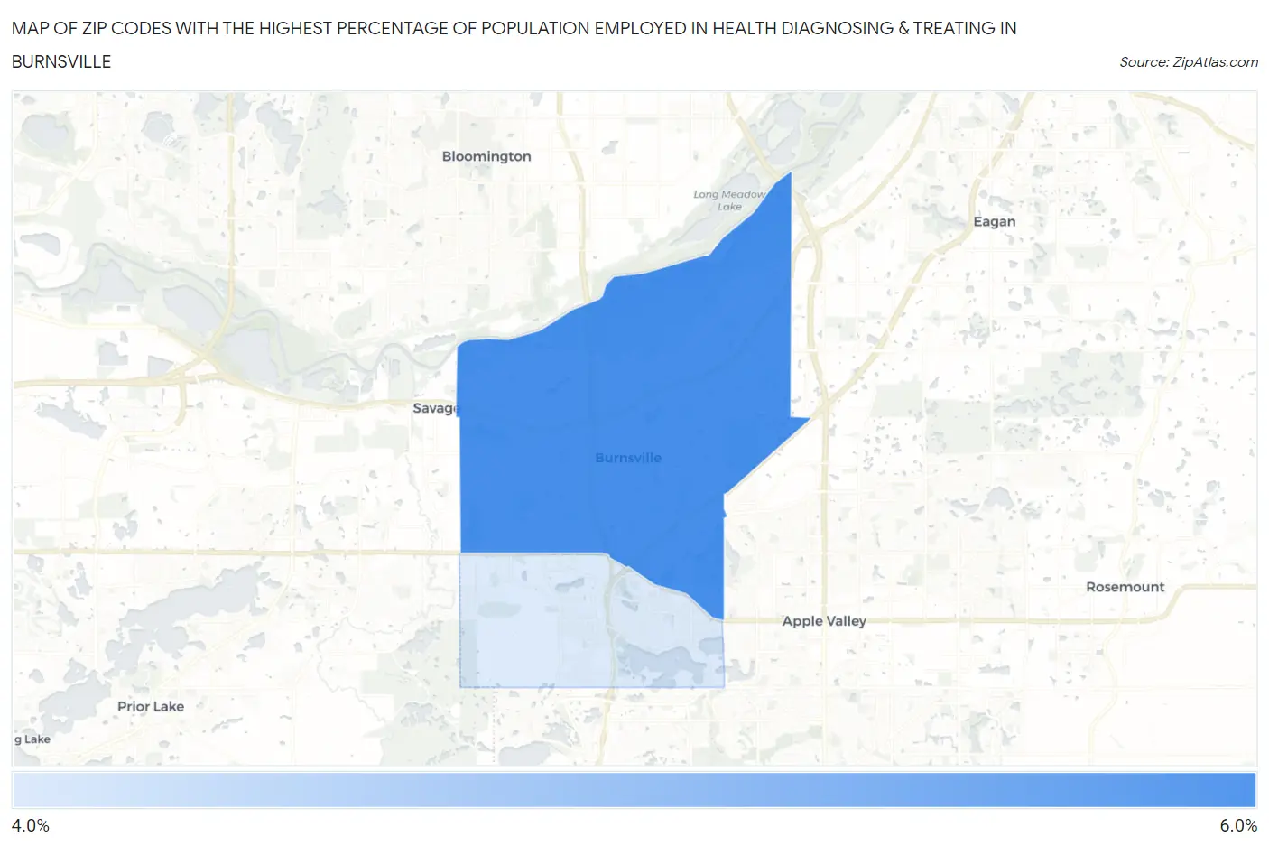 Zip Codes with the Highest Percentage of Population Employed in Health Diagnosing & Treating in Burnsville Map