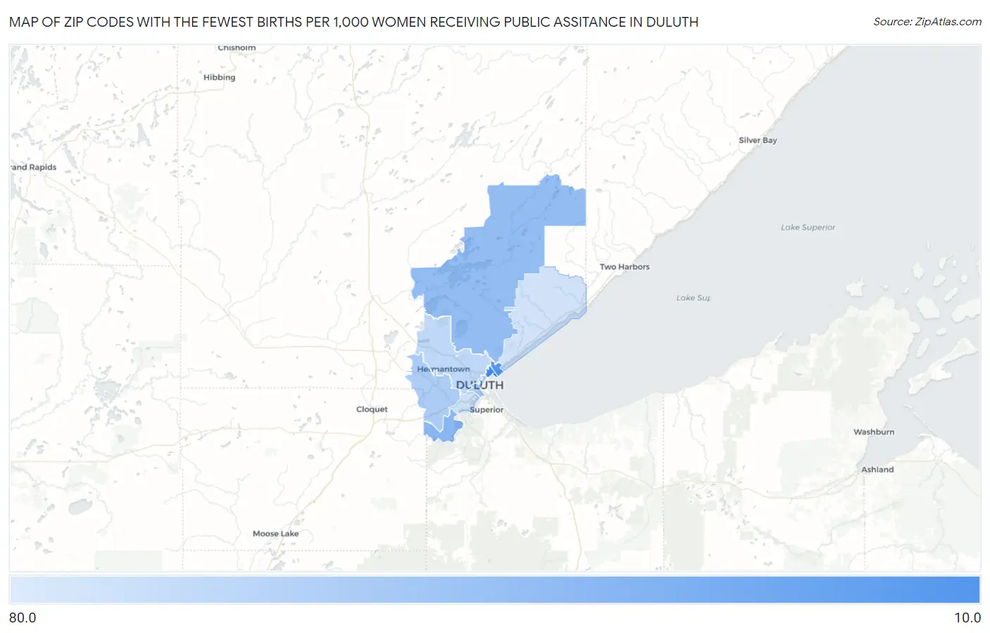 Zip Codes with the Fewest Births per 1,000 Women Receiving Public Assitance in Duluth Map