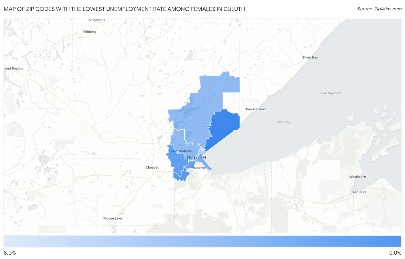 Zip Codes with the Lowest Unemployment Rate Among Females in Duluth Map