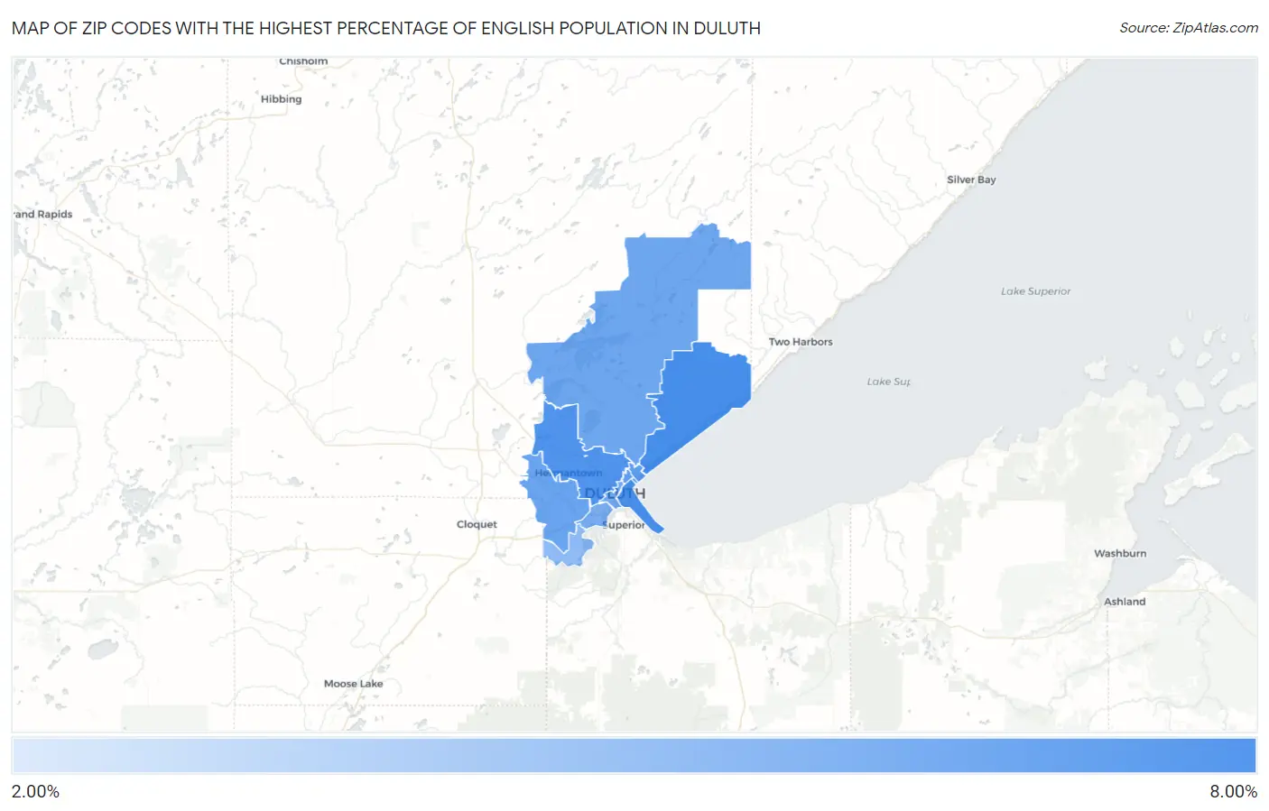 Zip Codes with the Highest Percentage of English Population in Duluth Map