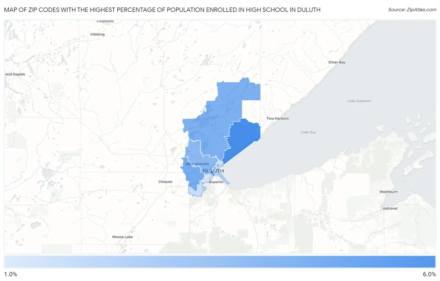 Zip Codes with the Highest Percentage of Population Enrolled in High School in Duluth Map