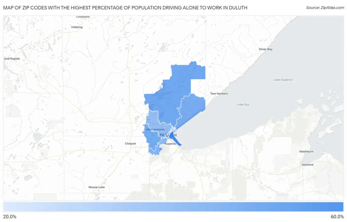 Zip Codes with the Highest Percentage of Population Driving Alone to Work in Duluth Map