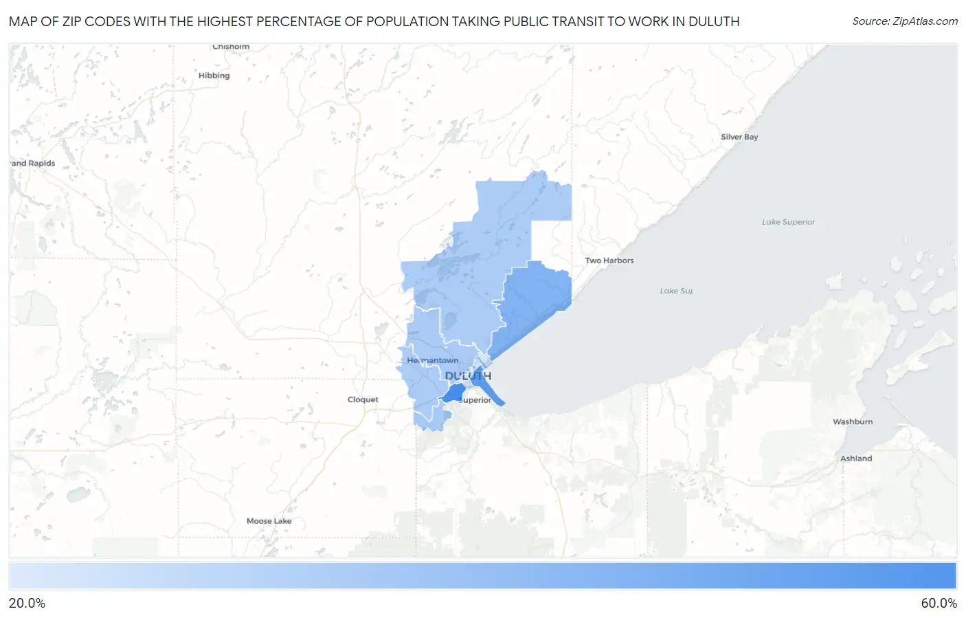 Zip Codes with the Highest Percentage of Population Taking Public Transit to Work in Duluth Map