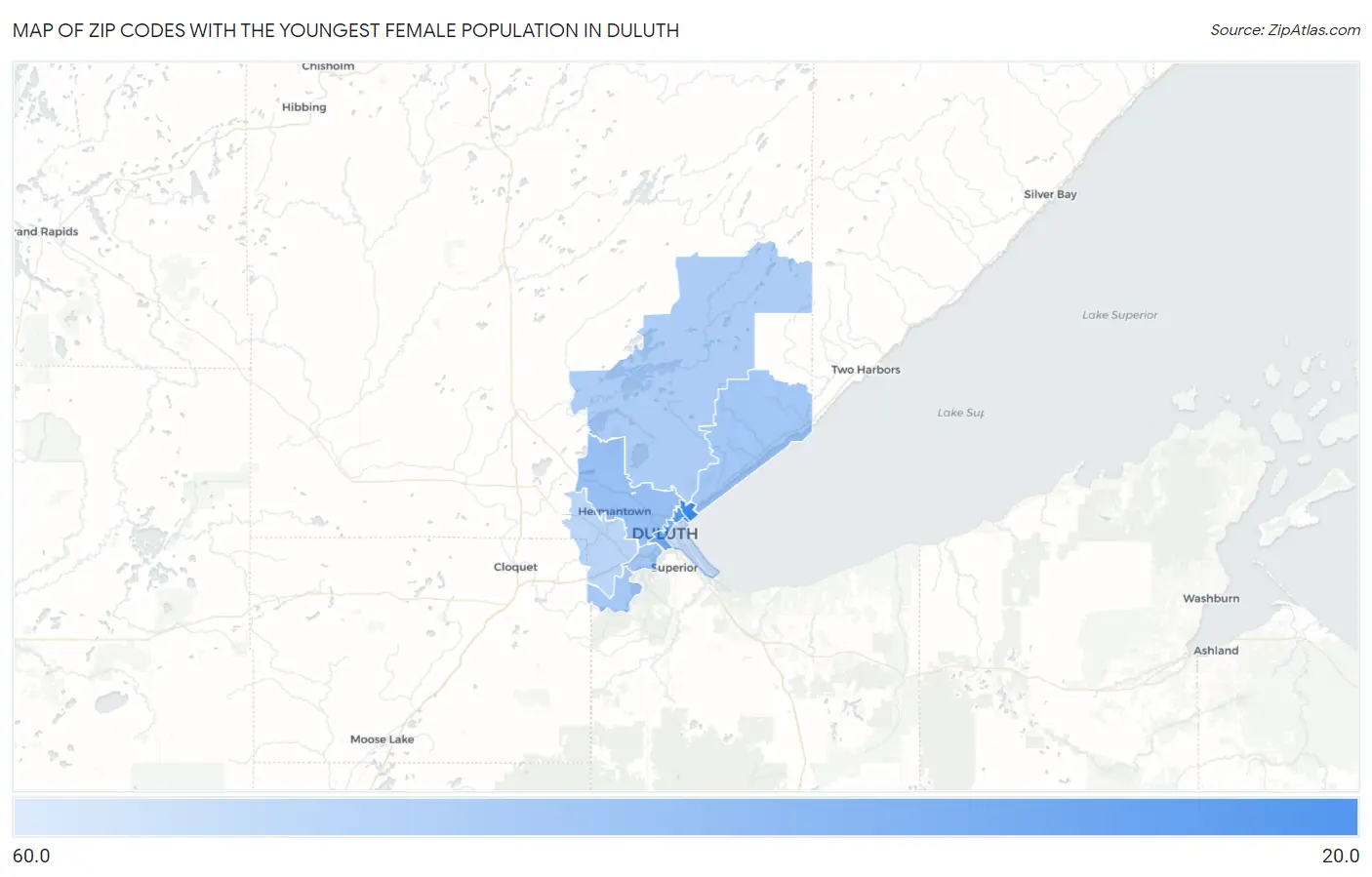 Zip Codes with the Youngest Female Population in Duluth Map