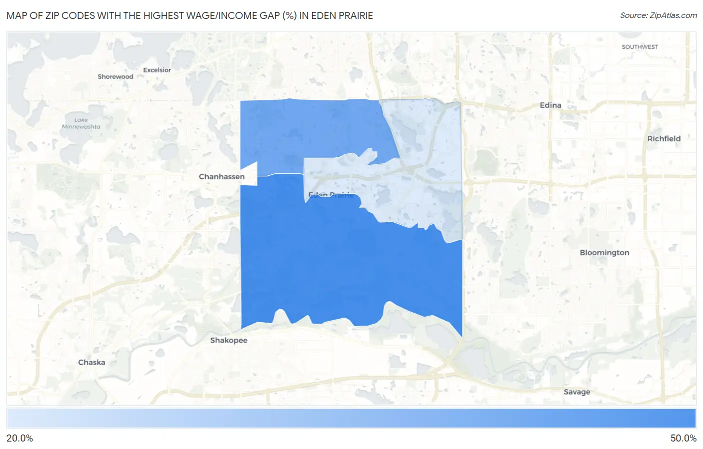 Zip Codes with the Highest Wage/Income Gap (%) in Eden Prairie Map