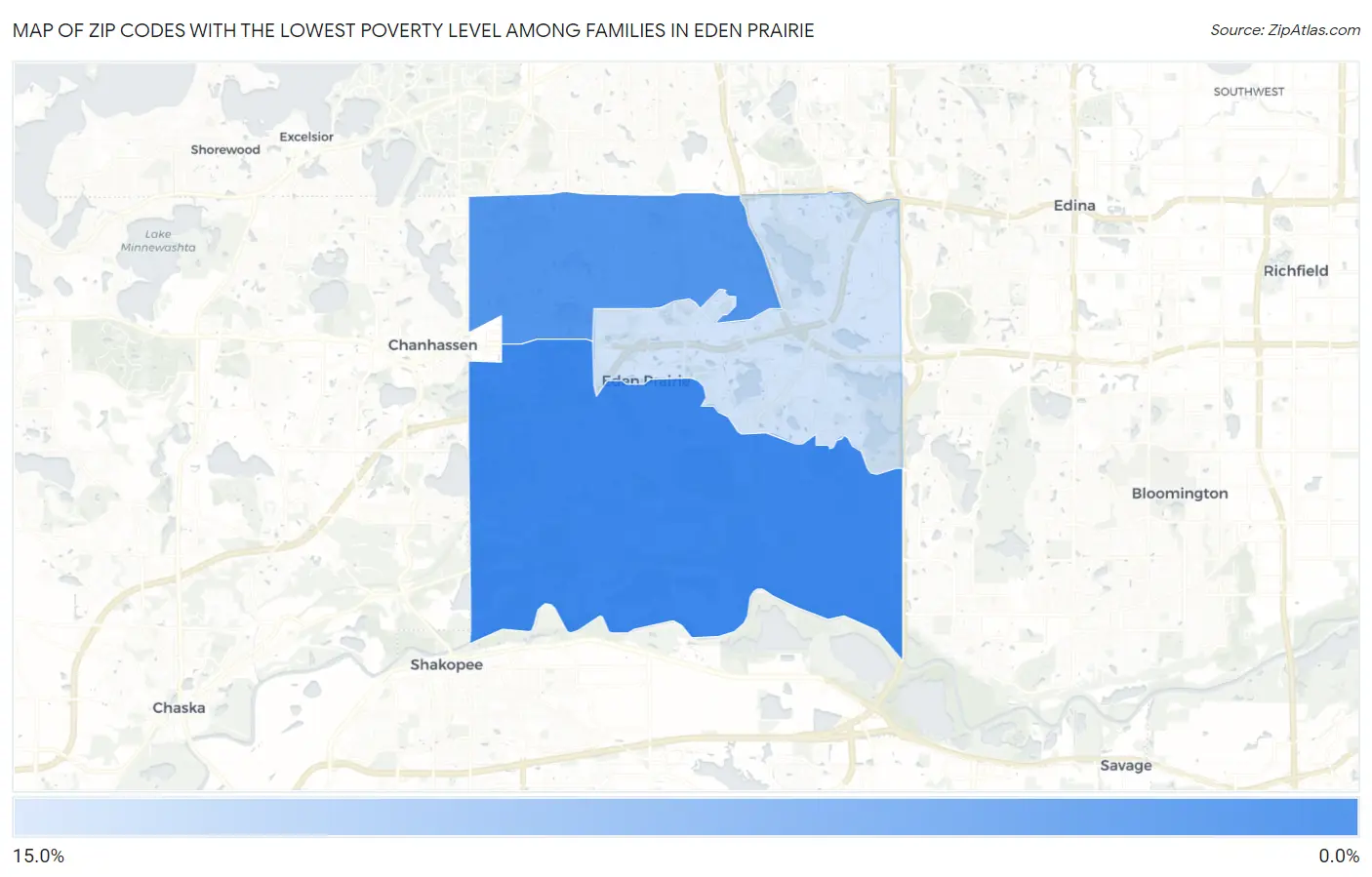 Zip Codes with the Lowest Poverty Level Among Families in Eden Prairie Map