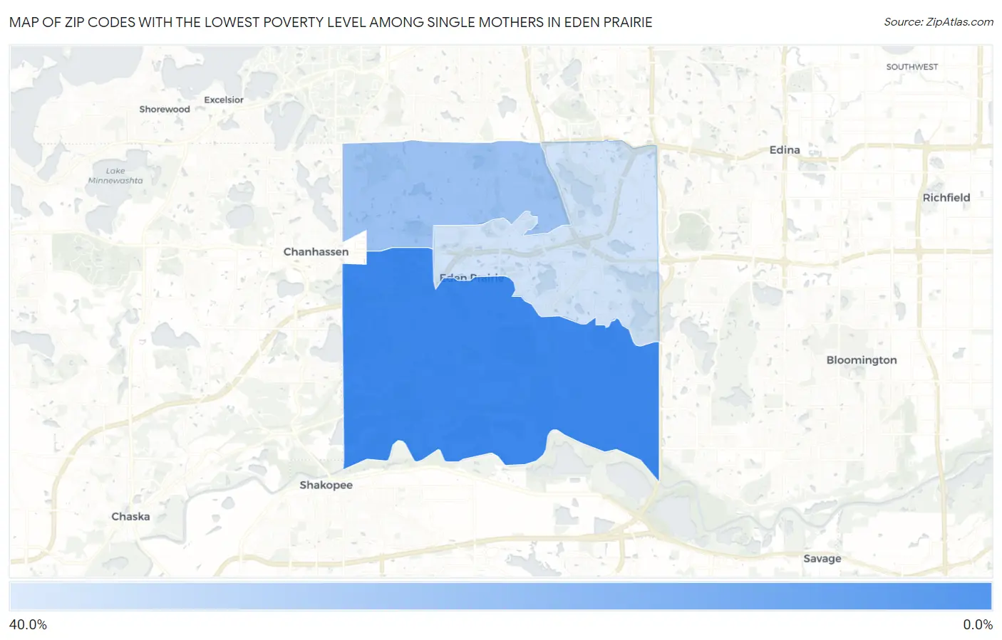 Zip Codes with the Lowest Poverty Level Among Single Mothers in Eden Prairie Map