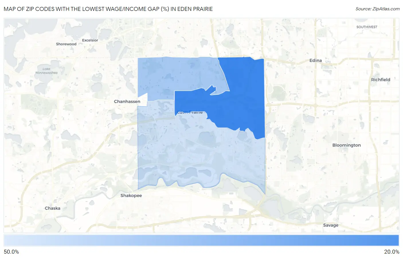 Zip Codes with the Lowest Wage/Income Gap (%) in Eden Prairie Map