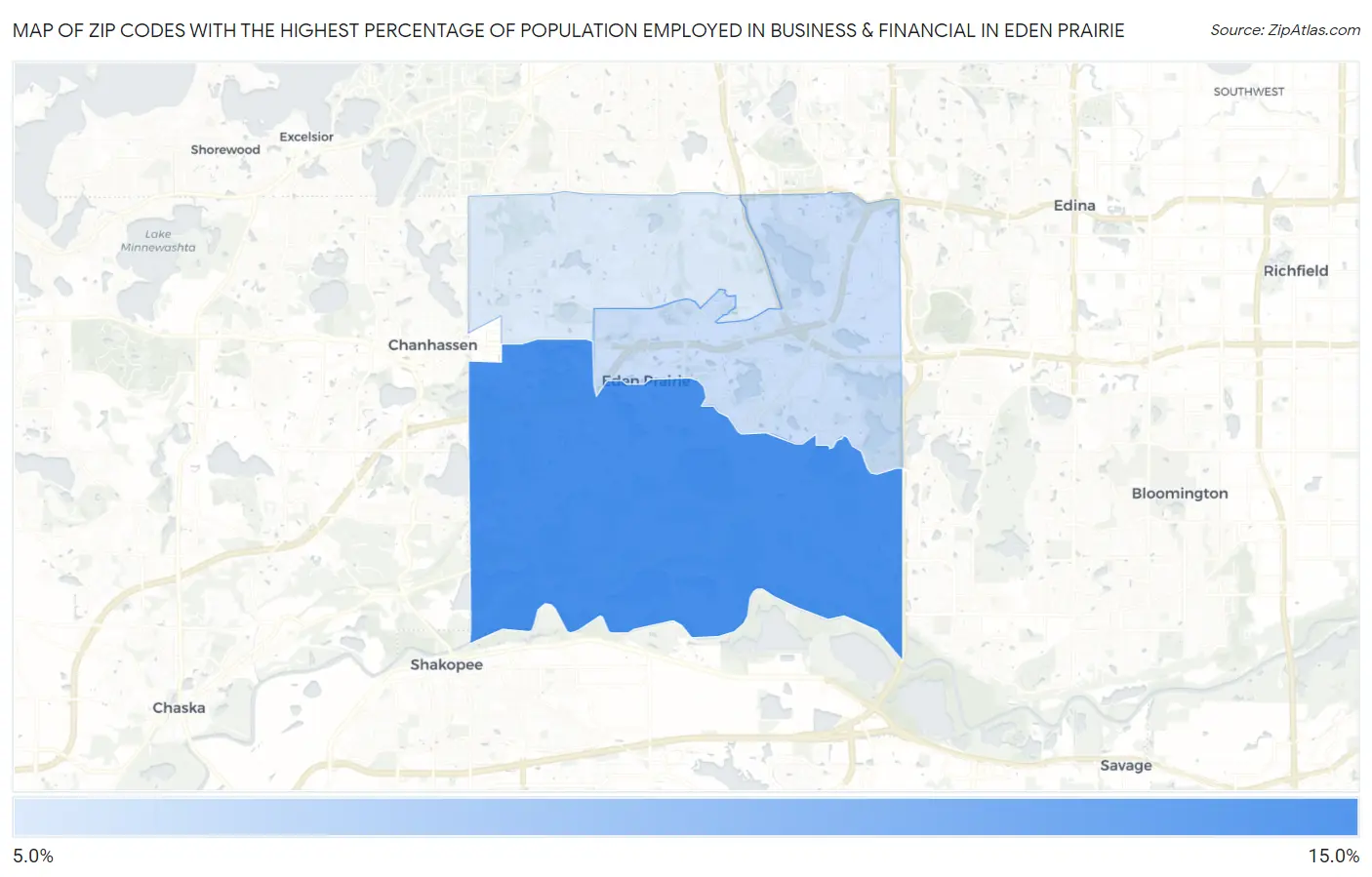Zip Codes with the Highest Percentage of Population Employed in Business & Financial in Eden Prairie Map