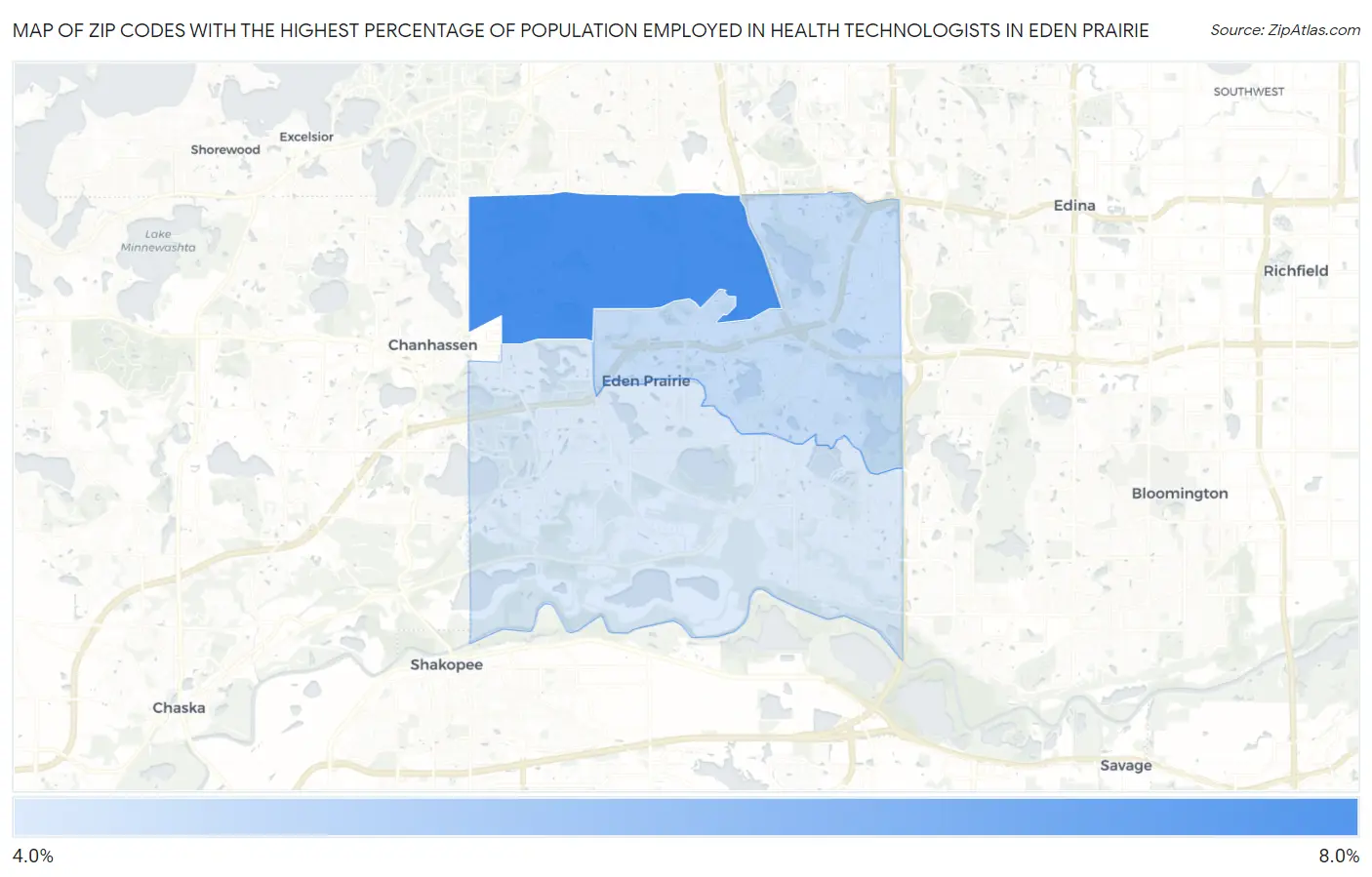 Zip Codes with the Highest Percentage of Population Employed in Health Technologists in Eden Prairie Map