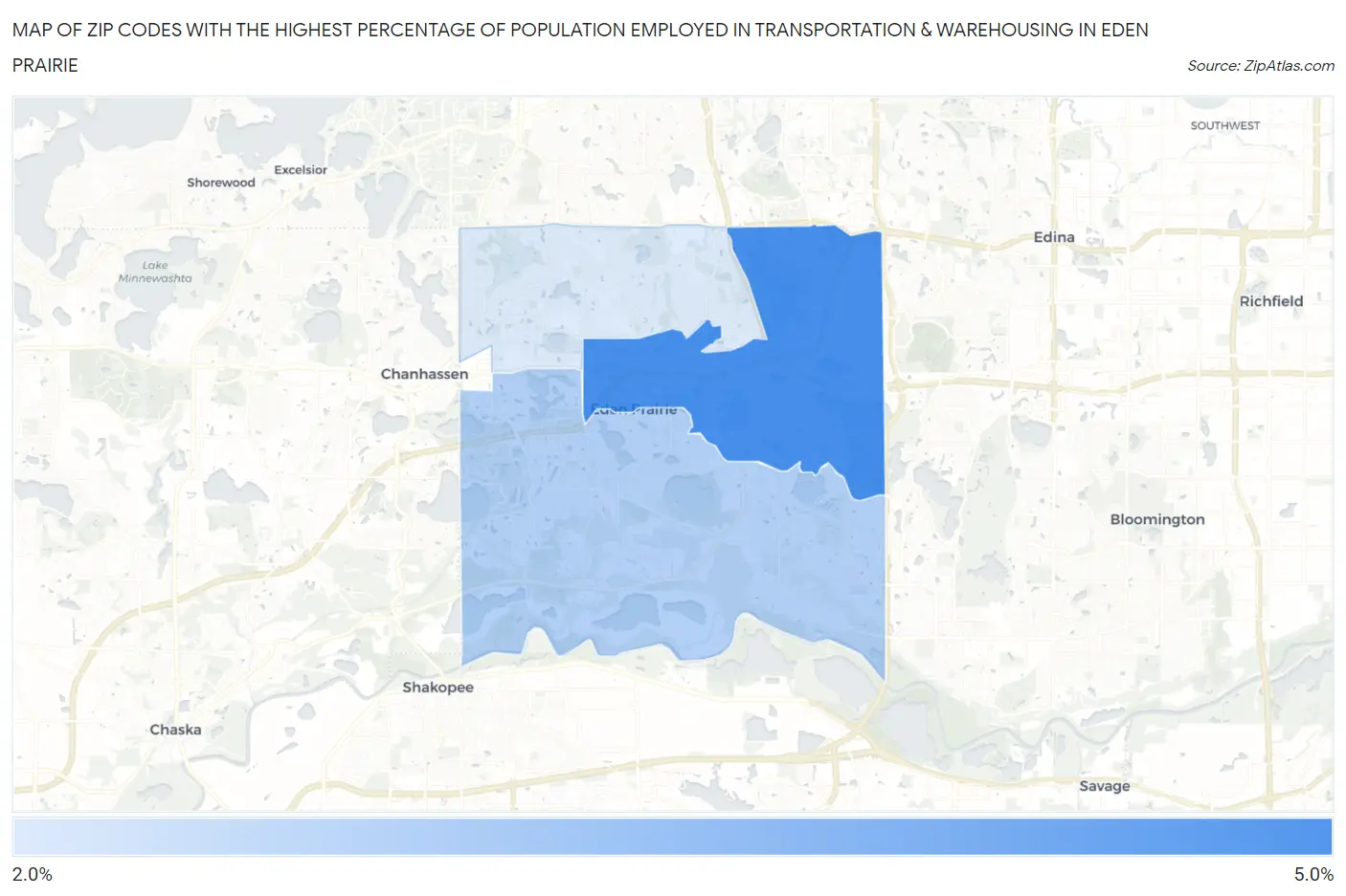 Zip Codes with the Highest Percentage of Population Employed in Transportation & Warehousing in Eden Prairie Map
