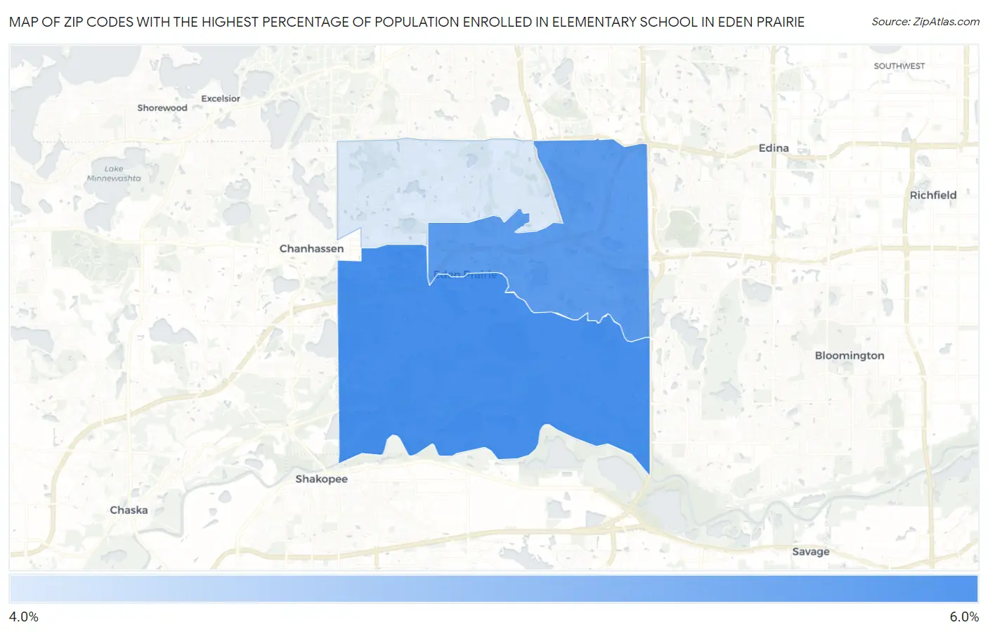 Zip Codes with the Highest Percentage of Population Enrolled in Elementary School in Eden Prairie Map