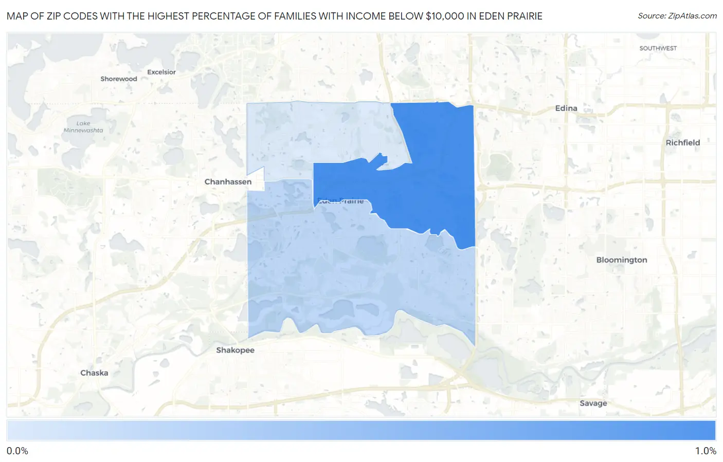 Zip Codes with the Highest Percentage of Families with Income Below $10,000 in Eden Prairie Map