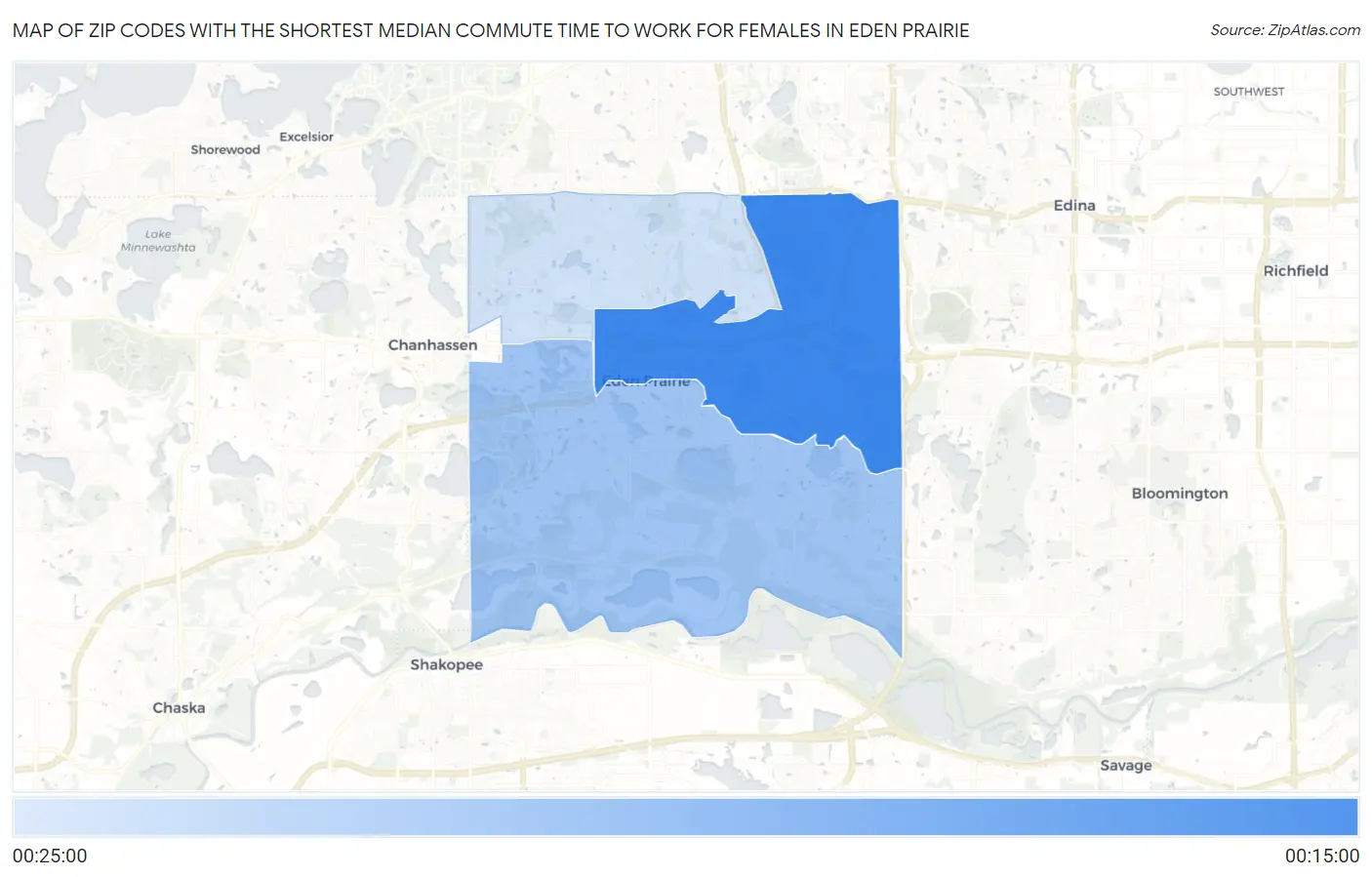 Zip Codes with the Shortest Median Commute Time to Work for Females in Eden Prairie Map