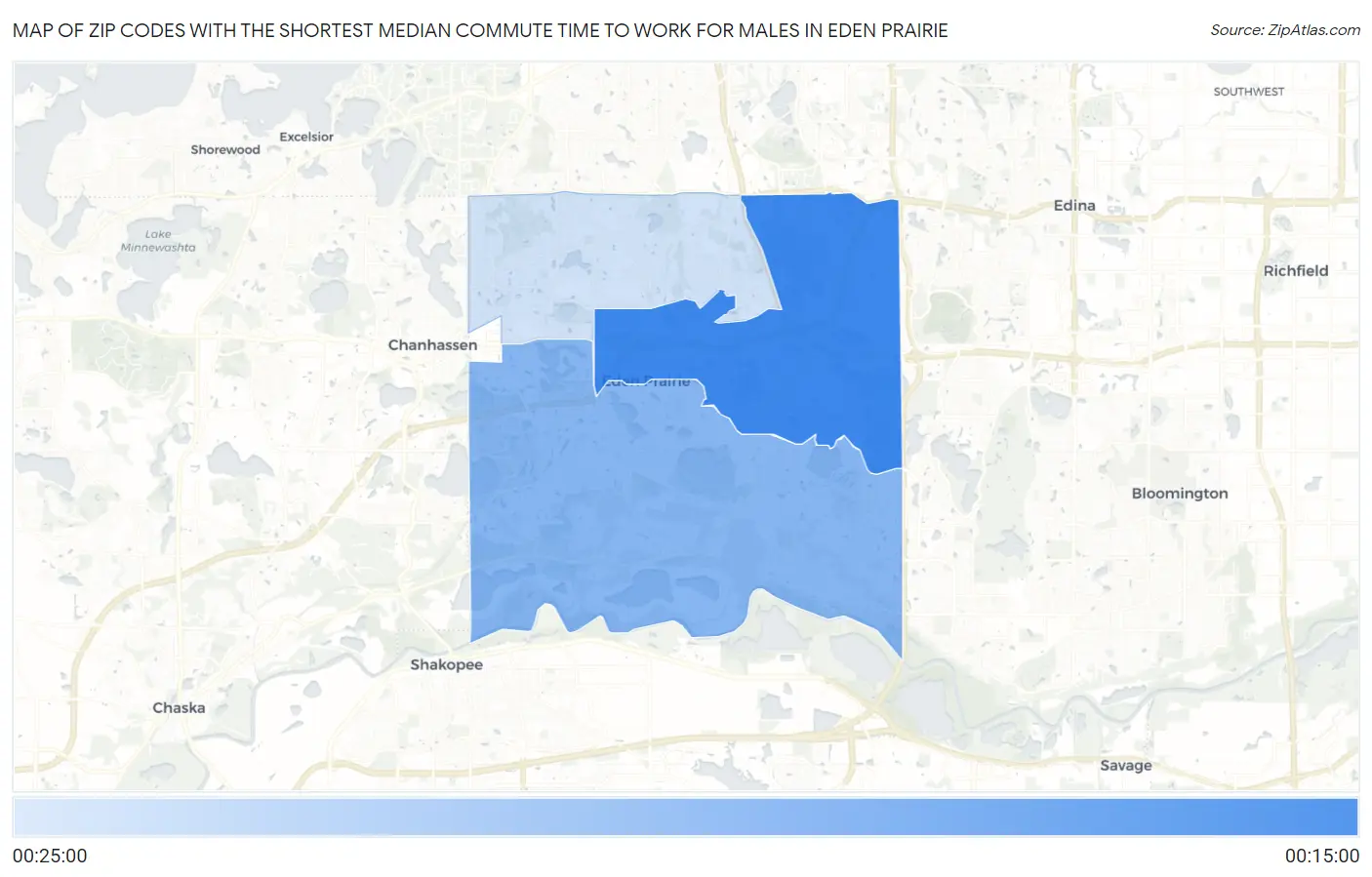 Zip Codes with the Shortest Median Commute Time to Work for Males in Eden Prairie Map