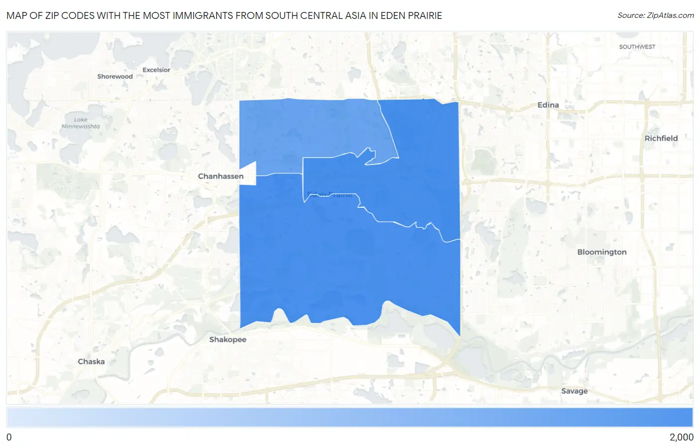 Zip Codes with the Most Immigrants from South Central Asia in Eden Prairie Map