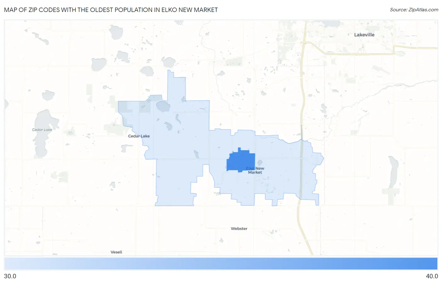 Zip Codes with the Oldest Population in Elko New Market Map