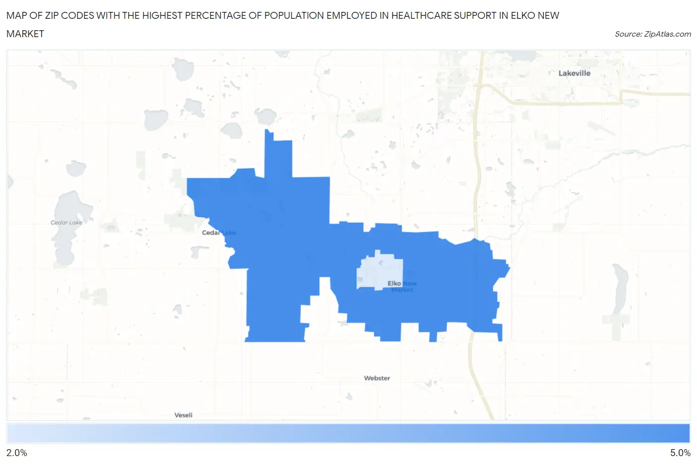 Zip Codes with the Highest Percentage of Population Employed in Healthcare Support in Elko New Market Map