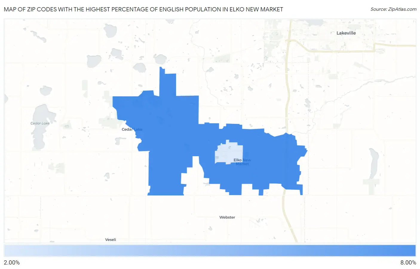 Zip Codes with the Highest Percentage of English Population in Elko New Market Map
