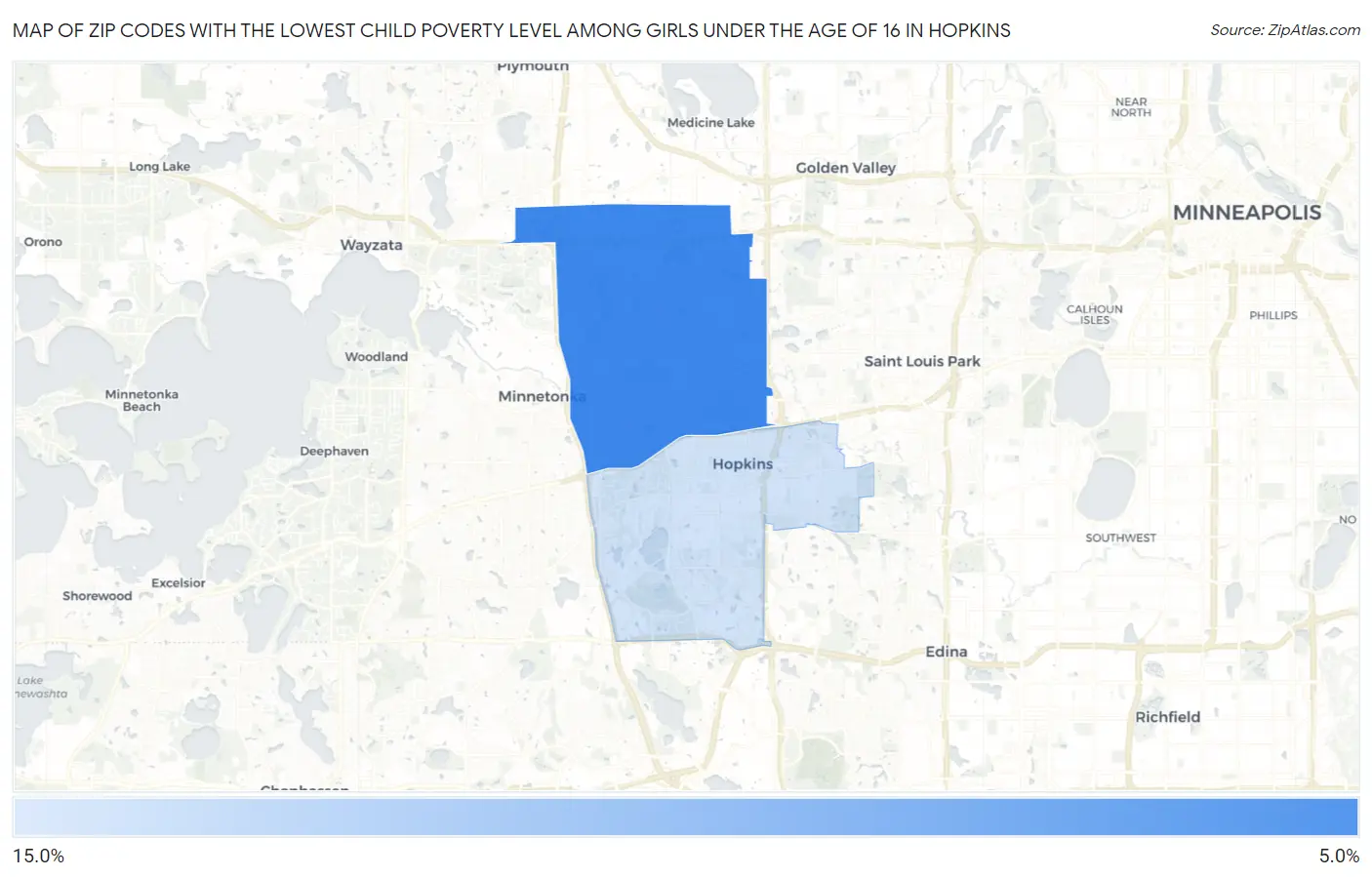 Zip Codes with the Lowest Child Poverty Level Among Girls Under the Age of 16 in Hopkins Map