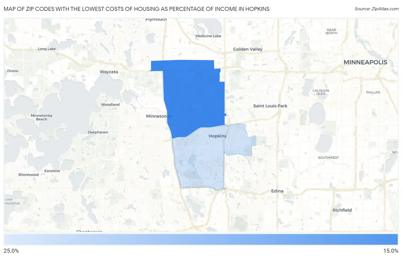 Zip Codes with the Lowest Costs of Housing as Percentage of Income in Hopkins Map