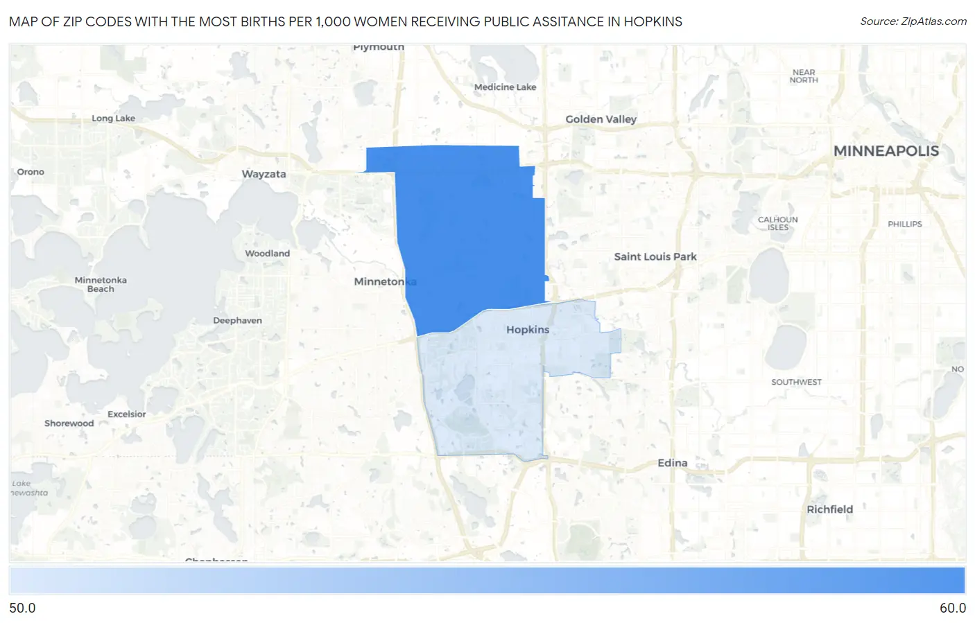 Zip Codes with the Most Births per 1,000 Women Receiving Public Assitance in Hopkins Map