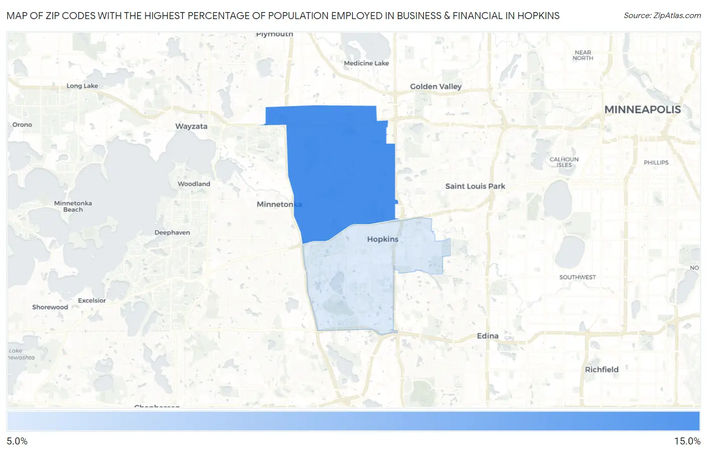 Zip Codes with the Highest Percentage of Population Employed in Business & Financial in Hopkins Map
