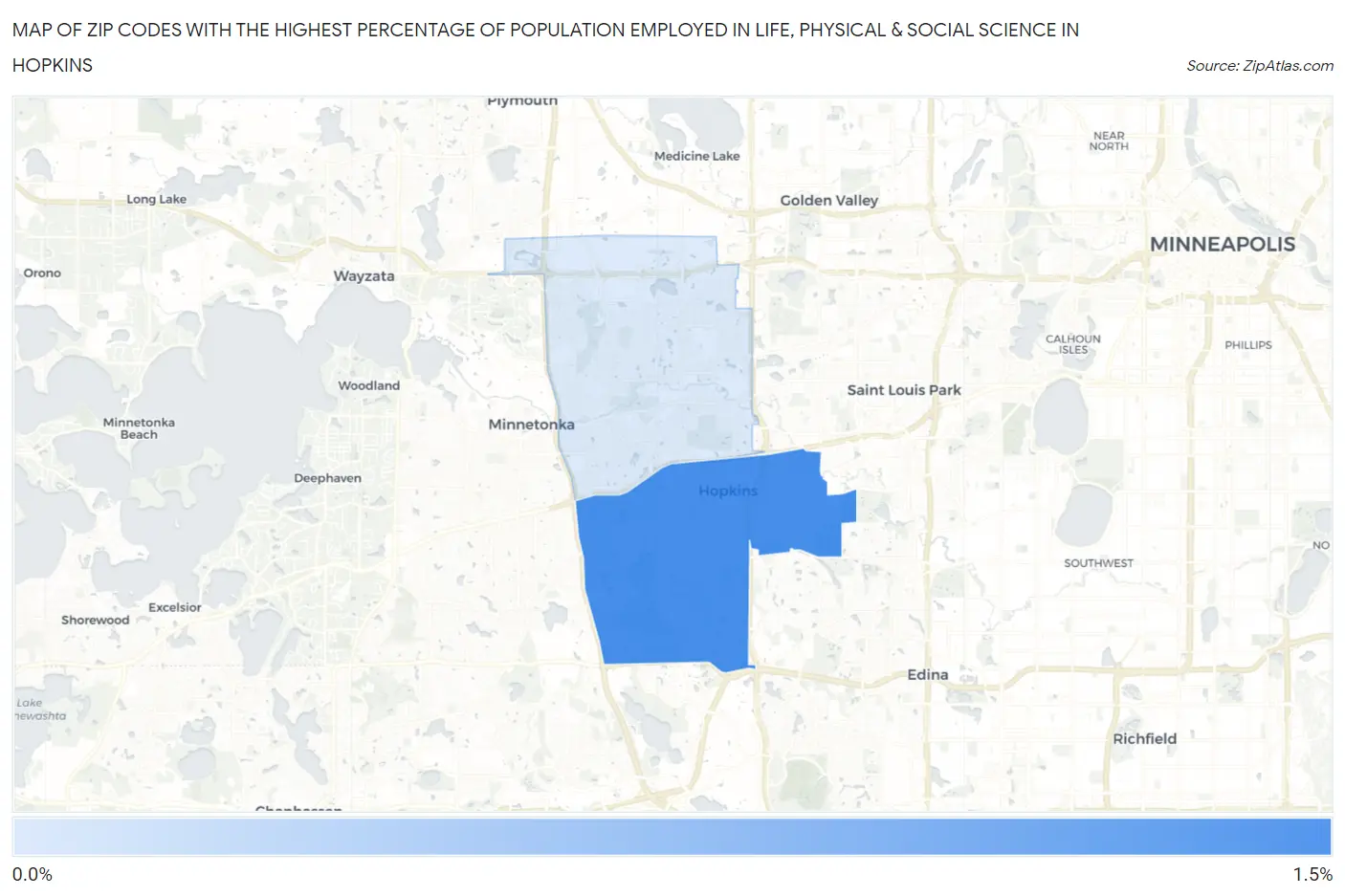 Zip Codes with the Highest Percentage of Population Employed in Life, Physical & Social Science in Hopkins Map