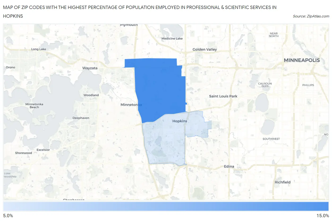 Zip Codes with the Highest Percentage of Population Employed in Professional & Scientific Services in Hopkins Map
