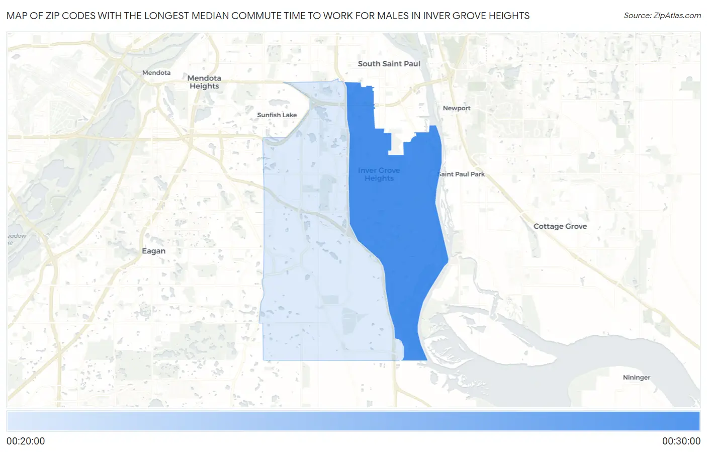 Zip Codes with the Longest Median Commute Time to Work for Males in Inver Grove Heights Map