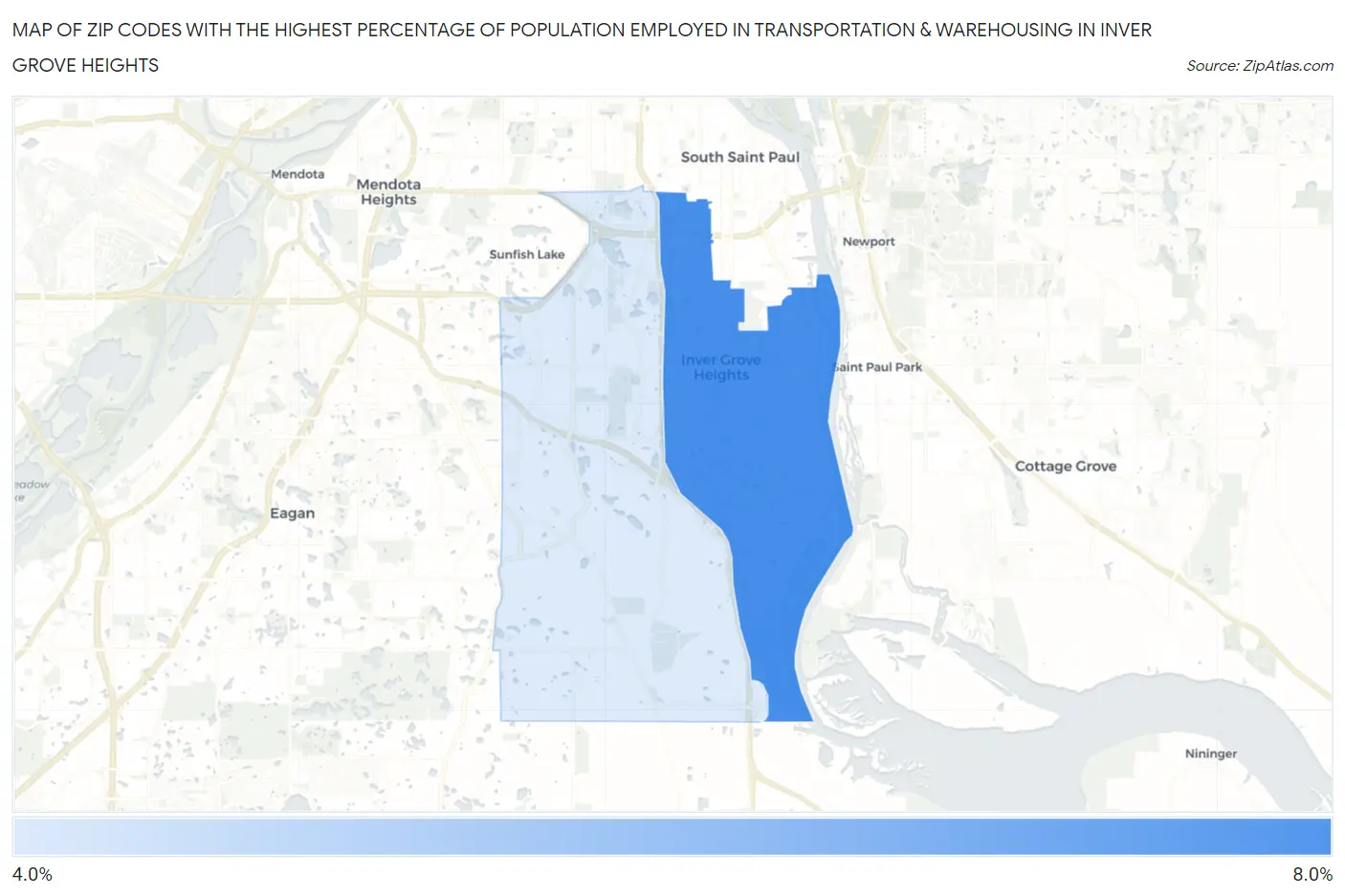 Zip Codes with the Highest Percentage of Population Employed in Transportation & Warehousing in Inver Grove Heights Map