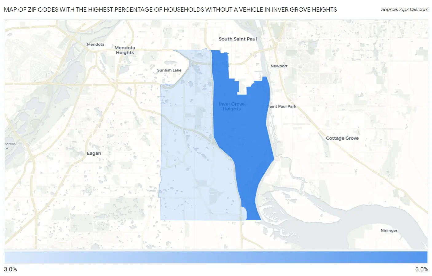 Zip Codes with the Highest Percentage of Households Without a Vehicle in Inver Grove Heights Map