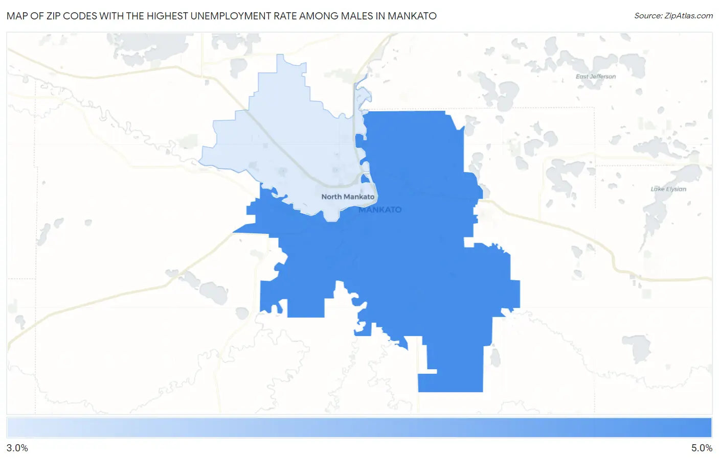 Zip Codes with the Highest Unemployment Rate Among Males in Mankato Map