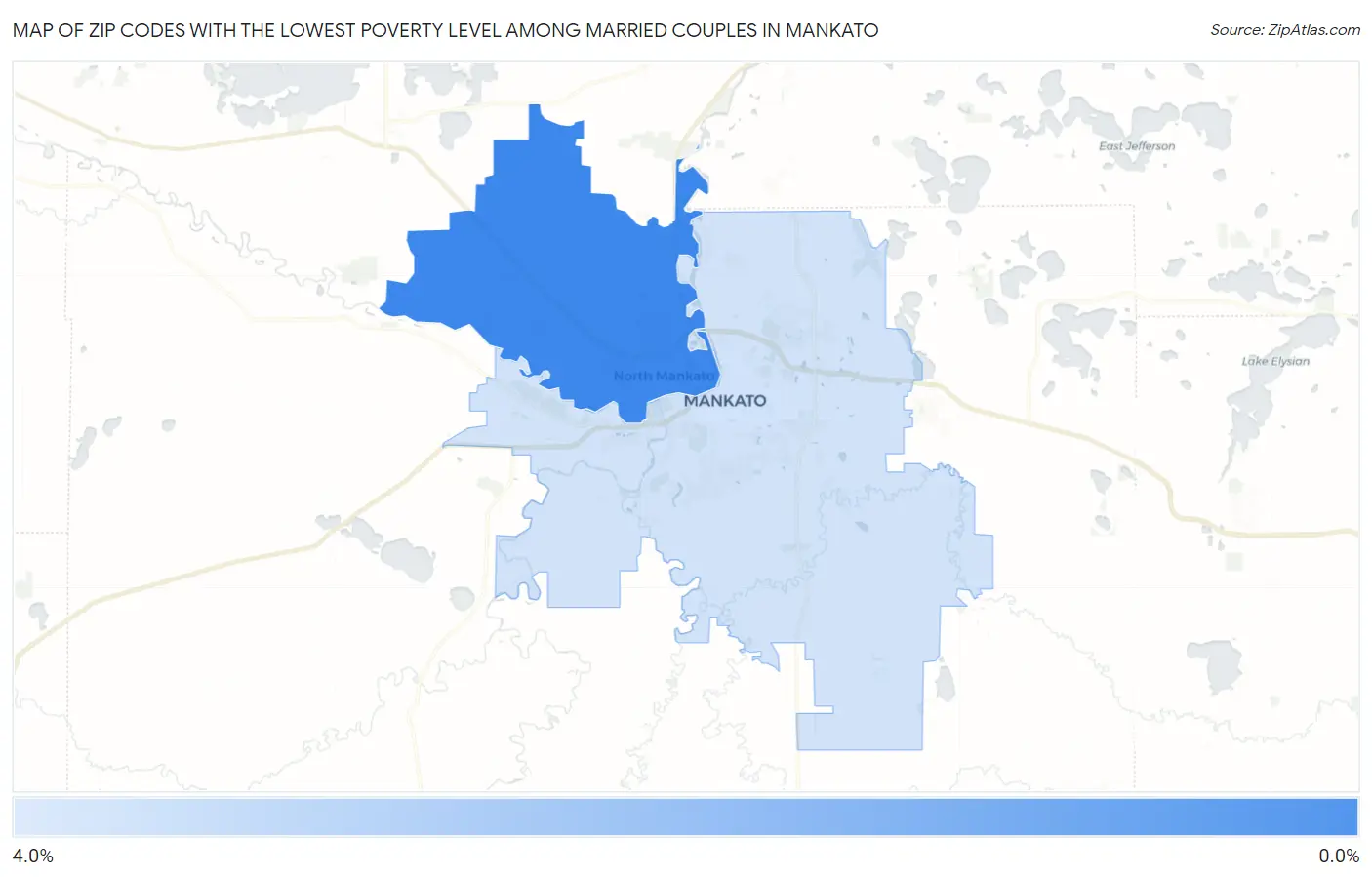 Zip Codes with the Lowest Poverty Level Among Married Couples in Mankato Map
