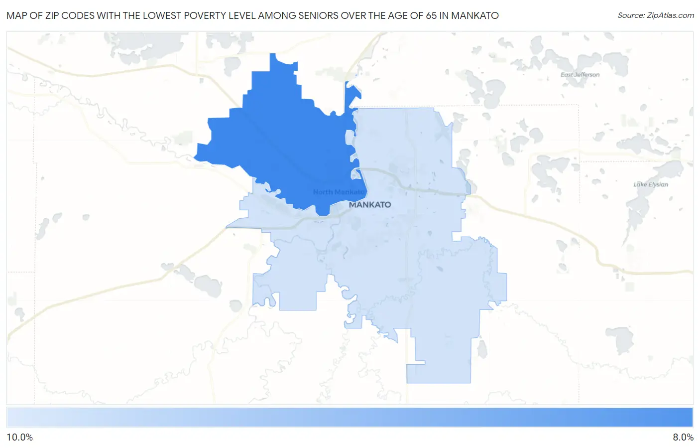 Zip Codes with the Lowest Poverty Level Among Seniors Over the Age of 65 in Mankato Map